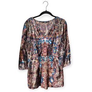 Paisley Floral Velvet Babydoll 3/4 Sleeve Blouse Sz Medium Y2K Boho‎ Hippie